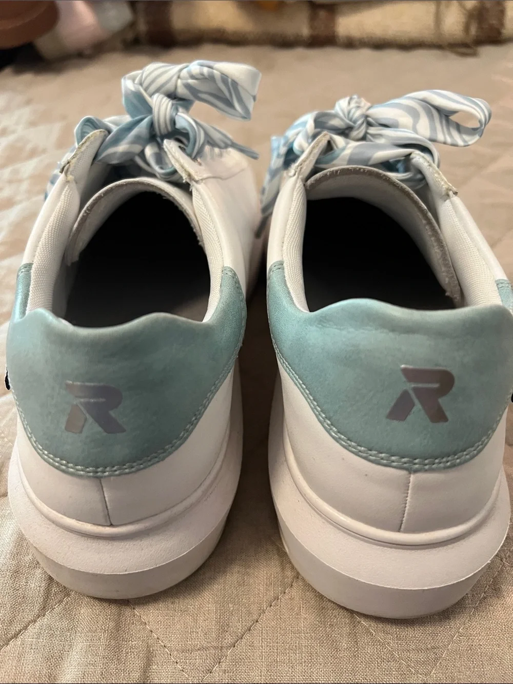 Rieker White Leather Sneakers with Light Blue Accents and Striped Ribbon Laces